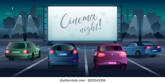 Cinema night vector banner in cartoon style. Drive-in movie theater with large screen and cars poster. Audience watching romantic film or show on classic open air parking in darkness.