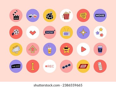 Cinema objects collection, round stickers, highlights covers in retro style. Templates icons y2k design for social media, story buttons. Movie elements, popcorn, mascot, film in 2000s. Vector