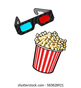 Cinema objects - popcorn and 3d, stereoscopic glasses, sketch style vector illustration isolated on white background. Cinema, movie attributes like popcorn in red and white bucket and 3d glasses