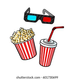 Cinema objects - popcorn bucket, 3d glasses and soda water in paper cup, sketch vector illustration isolated on white background.