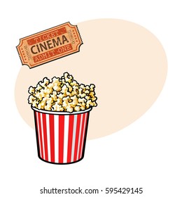 Cinema objects - popcorn bucket and retro style ticket, sketch vector illustration with place for text. Typical movie attributes like popcorn in red and white bucket and cinema ticket