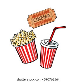 Cinema objects - popcorn bucket, soda water and retro style ticket, sketch vector illustration isolated on white background. Typical movie attributes - popcorn, soda water, cinema ticket