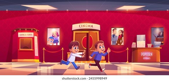 Cinema office and children run. Theatre hall door cartoon interior with poster, popcorn box and kid play. Happy boy race indoor building for movie ticket. Red multiplex environment game panorama