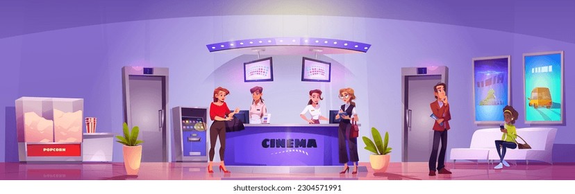 Cinema office hall with ticket and popcorn bar. Women seat near movie premiere poster on armchair. Theater vendor machine with pop corn and female counter behind reception. Theatre lobby interior