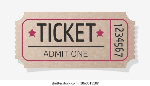 Billete de cine antiguo aislado en un fondo blanco con sombra. Ilustración vectorial. Vista superior. Ilustración de vacaciones para postal, banner, tarjetas, decoración, diseño, artes, publicidad.
