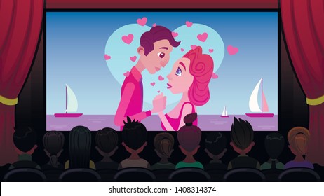 In Cinema on Screen Broadcast Romantic Movie. Interior Cinema, Rows Seats Filled with Spectators, Rear View. Red Velvet Curtain Opened White Screen. Cinema Screen Man and Woman are Watching Love.