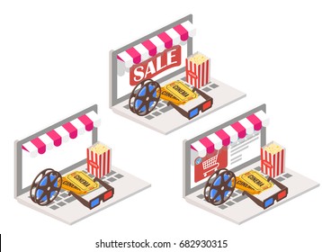 Cinema online 3d isometric vector illustration. Movie theater symbols popcorn, 3d glasses, tickets and film reel placed on laptop keyboard.
