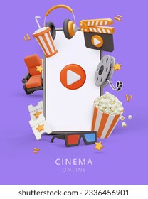 Cinema online. Bright poster with frame of 3D elements. Huge smartphone with empty screen. Template with advertising text, announce. Color launch button