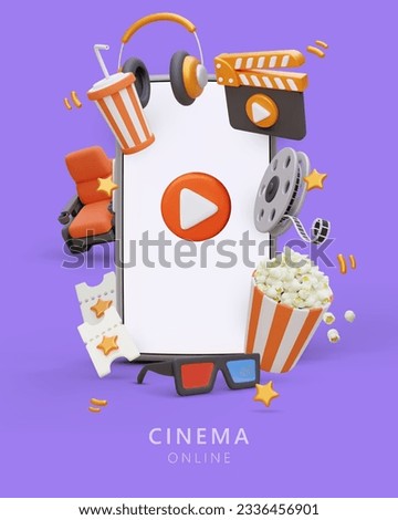 Cinema online. Bright poster with frame of 3D elements. Huge smartphone with empty screen. Template with advertising text, announce. Color launch button