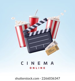 Cine en línea. Moderna composición 3D dinámica de paño, palomitas de maíz, bebida y boletos sobre un fondo ligero. Para publicitar cines y películas en línea.