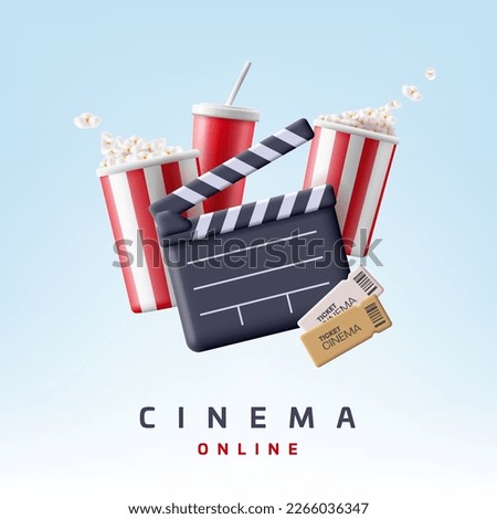 Cinema online. Modern dynamic 3D composition of clapper, popcorn, drink and tickets on a light background. For advertising cinemas and movies online.