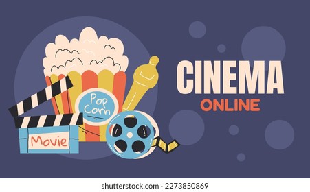 Cinema online movie film 3D promotion background poster cover concept. Vector graphic design illustration element