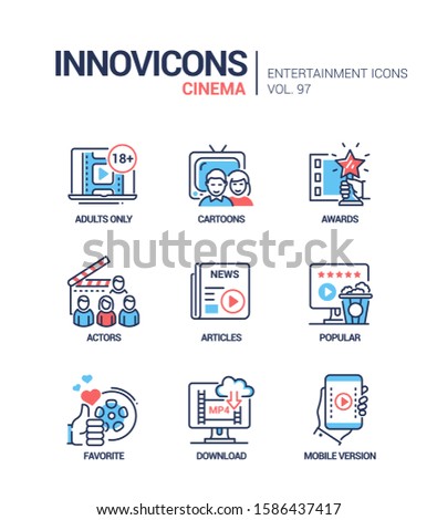 Cinema online service - vector line design style icons set. Movie genres idea. Adults only video, cartoons, awards, actors, articles and news, popular and favorite films, download, mobile version
