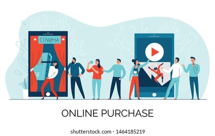 Cinema online ticket composition with online purchase description and queue for tickets vector illustration