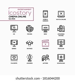 Cinema online - vector line design style icons set. Services for watching films and booking tickets idea. Watching on a laptop, HD quality, new, upcoming movies, series, ratings, trailers sections