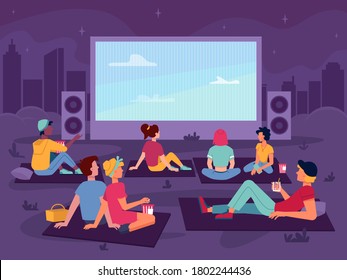 Cinema Open Air Movie In Park, Night Outdoor, Vector People Watch Screen, Flat Cartoon Background. Open Air Cinema, Couples Or Girls And Men Guys Sitting With Popcorn And Drinks Watching Movie