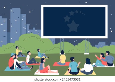 Cine al aire libre Jóvenes solteros y parejas sentados en las sábanas y esperando película en pantalla gigante en el parque de la ciudad. Entretenimiento nocturno, escena reciente de Vector