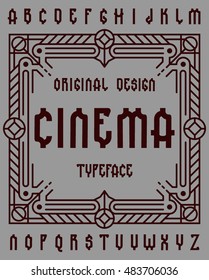 Cinema original retro typeface set with decorative ornament frame for making label, poster, sticker design. 