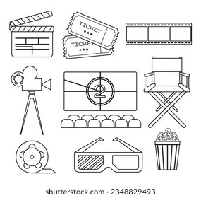 Cinema outline elements set. Tickets, popcorn bucket, 3D glasses, clapperboard, montage tape, video camera, director chair. Vector illustration for cinema theater, film, show, movie making isolated