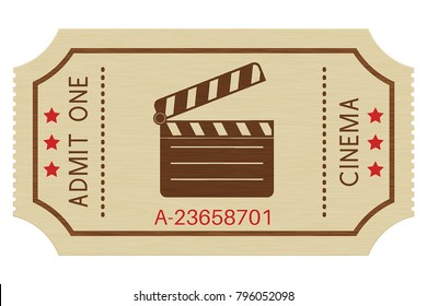 Cinema paper ticket. Old retro styled ticket. Vector illustration isolated on white background