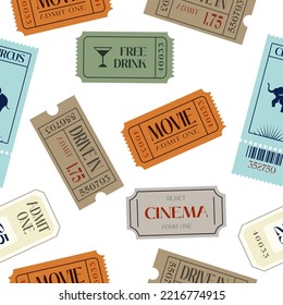 Cinema paper tickets seamless pattern. Entry cards for movie premiere, film festival, theatre, show, concert, performance concept. Colored flat vector illustration isolated on white background
