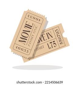 Cinema paper tickets set. Entry cards for movie premiere, film festival, theatre, show, concert, performance, or entertainments concept. Colored flat vector illustration isolated on white background