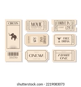 Kartenset für Kinopapier. Eintrittskarten für das Konzept der Filmpremiere, des Filmfestivals, des Theaters, der Show, des Konzerts, der Performance oder der Unterhaltung. farbige flache Vektorgrafik einzeln auf weißem Hintergrund