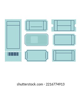 Cinema paper tickets template set. Entry cards for movie premiere, film festival, theatre, show, concert, performance concept. Colored flat vector illustration isolated on white background