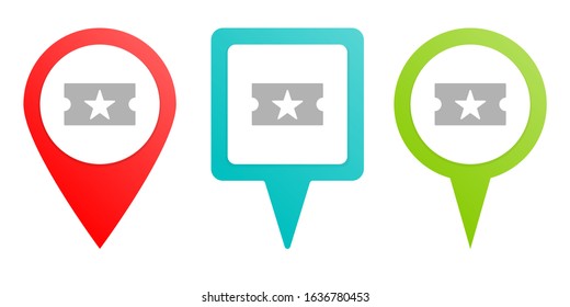 cinema, party, ticket. Multicolor pin vector icon, diferent type map and navigation point.