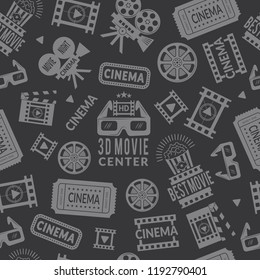 Cinema pattern. Seamless background with symbols of cinema and films production. Vector cinema production film, camera and entertainment background illustration