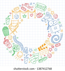 Cinema pattern with vector icons. Movie, television, theatre.