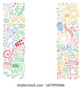 Cinema pattern with vector icons for wrapping paper, posters, banners, leaflets. 3d movie, tv, musical.