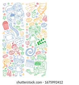Cinema pattern with vector icons for wrapping paper, posters, banners, leaflets. 3d movie, tv, musical.