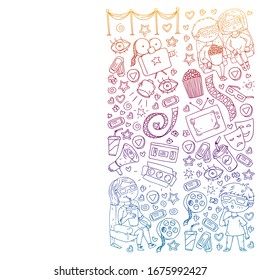 Cinema pattern with vector icons for wrapping paper, posters, banners, leaflets. 3d movie, tv, musical.