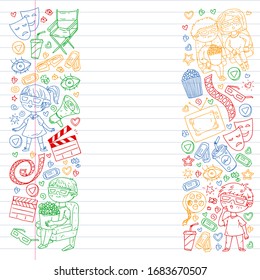 Cinema pattern with vector icons for wrapping paper, posters, banners, leaflets. 3d movie, tv, musical.