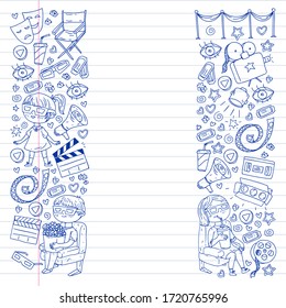 Cinema pattern with vector icons for wrapping paper, posters, banners, leaflets. 3d movie, tv, musical.