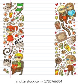 Cinema pattern with vector icons for wrapping paper, posters, banners, leaflets. 3d movie, tv, musical.