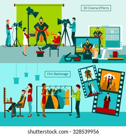 Cinema people horizontal banner set with film backstage elements isolated vector illustration