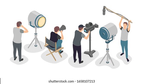 Cinema People Isolated Vector Illustration. Film Crew With Human Characters, Camera, Lighting, Operator, Director, Sound Recording. Isometric Set Of Camera Team. Cinema Team And Movie Equipment.