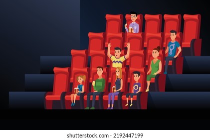 Cinema. People Sitting In Chairs At Movie Theater Auditorium. Young And Old Men, Women And Children Watching Film Or Motion Picture. Viewers Or Moviegoers. Flat Cartoon Vector Illustration