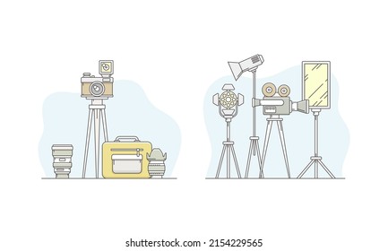 Cinema And Photographic Equipment Set. Movie And Photo Cameras On Tripod, Searchlight, Reflector Vector Illustration