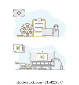 Cinema and photographic equipment set. Movie camera, computer, headphones vector illustration