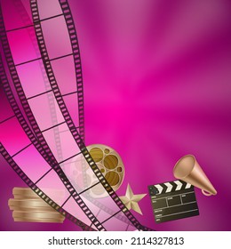 cinema pink background with clapper, rolls, star and filmstrips. vector illustration
