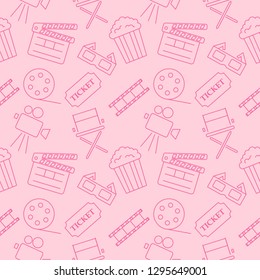 Cinema pink icons pattern seamless. Signs and symbols collection icon for websites with pink Background. Vector illustration.