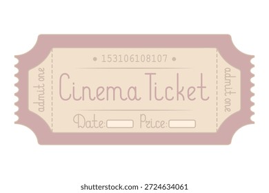 Kino. Rosa Ticket zugeben. Datum und Preis sind angegeben. Handgeschriebener Schriftzug mit einem Großbuchstaben. Farbvektorgrafik. Abrisskarte mit einer Nummer. Einzeln auf weißem Hintergrund. Flacher Stil. Webdesign-Idee.