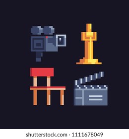 cinema pixel art icons set. Retro camera projector, golden statuette award, clapperboard and stool isolated vector illustration. 8-bit sprite. Element design for mobile app, web, sticker, logo.