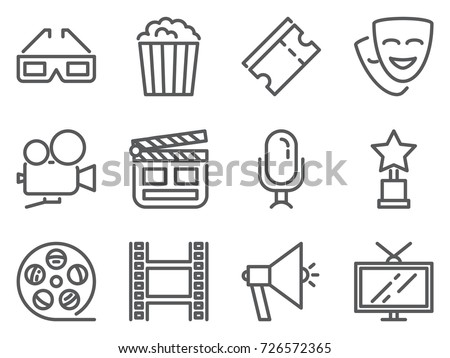 Cinema pixel perfect icons set with line movie and watching films
related elements. Vector illustration of simple outline pictograms.