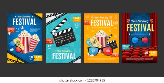 Cinema Placard Set with Realistic 3d Detailed Element Include of Popcorn, Ticket and Clapper. Vector illustration of Video Movie Card