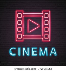 Cinema Play Neon Light Glowing Vector Illustration Red Colour