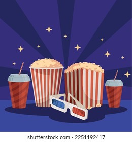 cinema pop corn and 3d glasses icons
